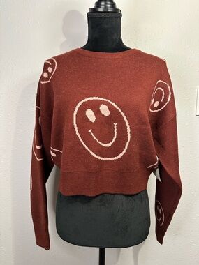 Altar'd State Rust Crewneck Sweater with Cream Smiley Motifs